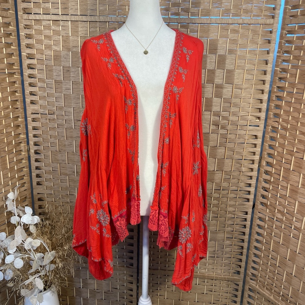 Embroidered Flowing Red Orange Open Front Kimono Free People XS
